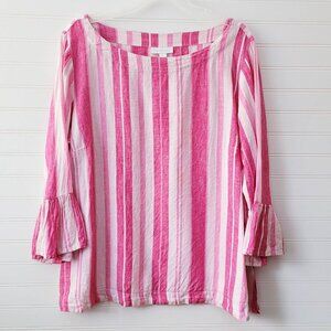 Charter Club Linen Top Womens XL Pink Stripe 3/4 Ruffle Sleeve Beachy Resort